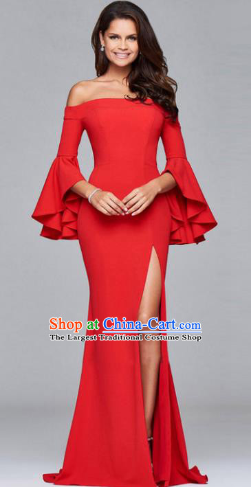 Professional Compere Red Off Shoulder Full Dress Modern Dance Princess Wedding Dress for Women