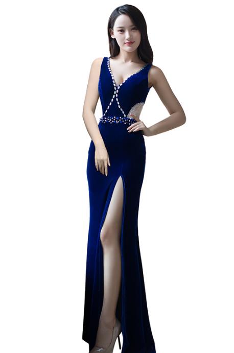 Top Grade Royalblue Full Dress Compere Modern Fancywork Costume Princess Wedding Dress for Women