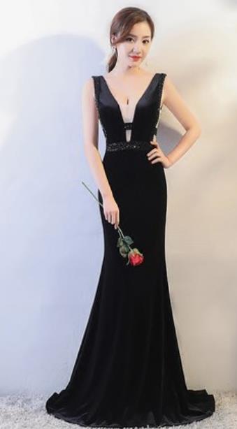 Top Grade Catwalks Black Evening Dress Compere Modern Fancywork Costume for Women