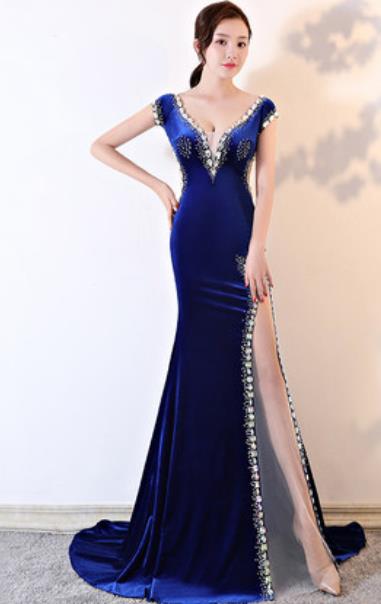 Top Grade Blue Full Dress Compere Modern Fancywork Costume Princess Wedding Dress for Women