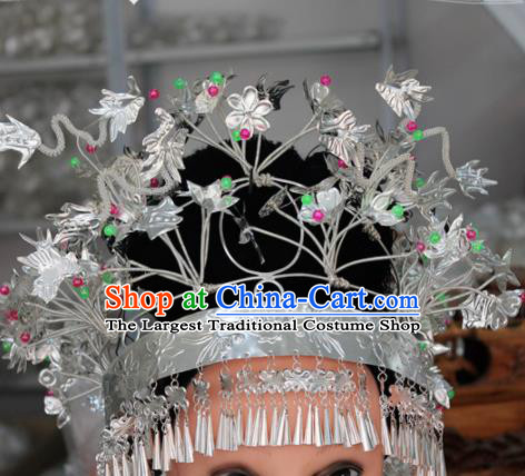 Chinese Traditional Ethnic Princess Hair Crown Sliver Tassel Phoenix Coronet Miao Nationality Bride Hairpins for Women