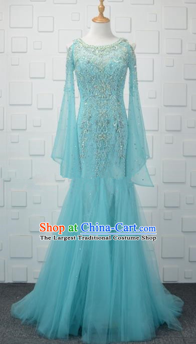 Professional Compere Blue Veil Fishtail Full Dress Top Grade Modern Dance Costume Princess Wedding Dress for Women