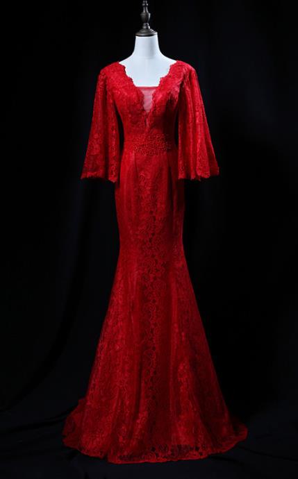 Top Grade Catwalks Red Lace Evening Dress Compere Modern Fancywork Costume for Women