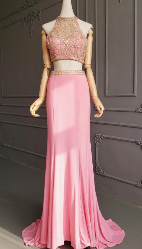 Top Grade Catwalks Diamante Pink Trailing Evening Dress Compere Modern Fancywork Costume for Women