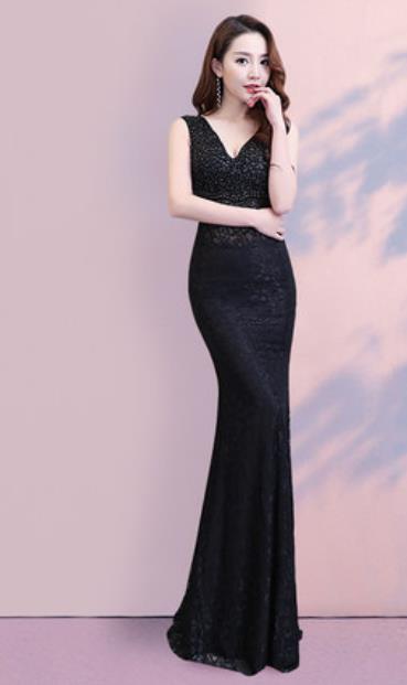 Top Grade Catwalks Black Paillette Trailing Evening Dress Compere Modern Fancywork Costume for Women