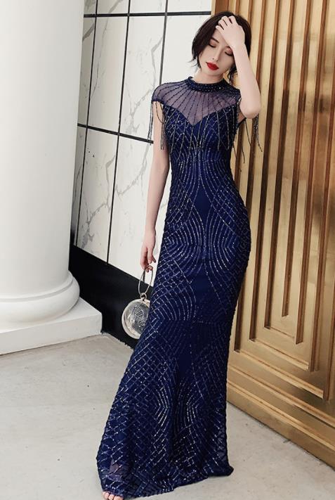 Top Grade Catwalks Royalblue Paillette Sexy Evening Dress Compere Modern Fancywork Costume for Women