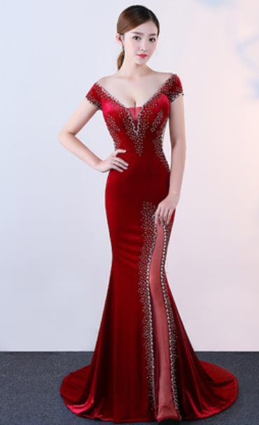 Top Grade Modern Fancywork Wine Red Velvet Formal Dress Compere Catwalks Costume for Women