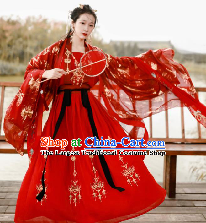 Traditional Chinese Tang Dynasty Wedding Embroidered Historical Costume Ancient Princess Red Hanfu Dress for Women