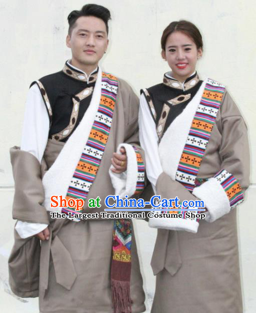 Chinese Traditional Tibetan Bride and Bridegroom Grey Robes Zang Nationality Heishui Dance Ethnic Costumes for Women for Men