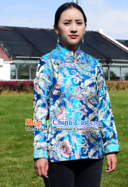 Chinese Traditional Tibetan National Ethnic Blue Brocade Blouse Zang Nationality Costume for Women