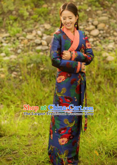 Chinese Traditional Tibetan Ethnic Female Printing Blue Dress Zang Nationality Heishui Dance Costume for Women