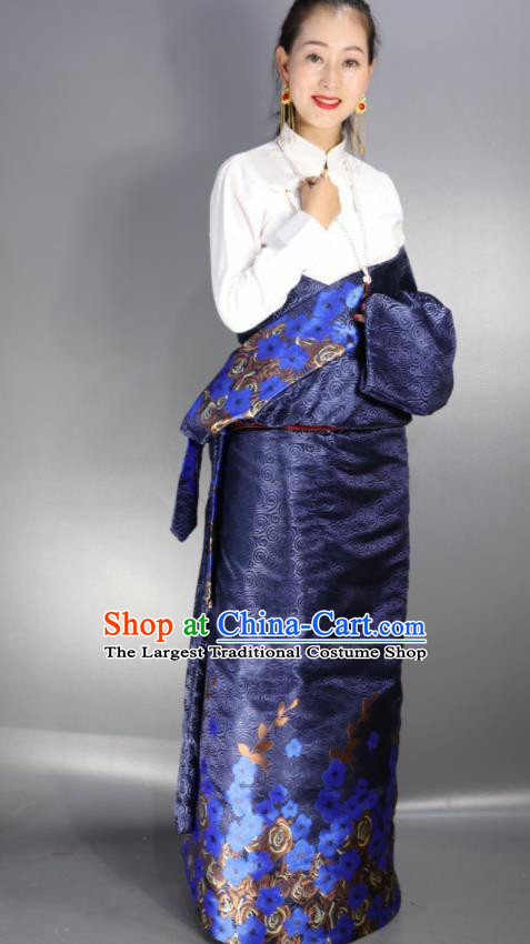 Chinese Traditional Tibetan National Ethnic Navy Robe Zang Nationality Wedding Costume for Women