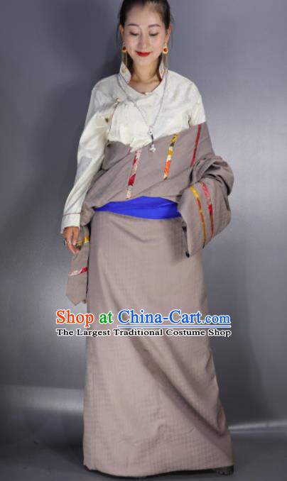 Chinese Traditional National Ethnic Khaki Tibetan Robe Zang Nationality Folk Dance Costume for Women