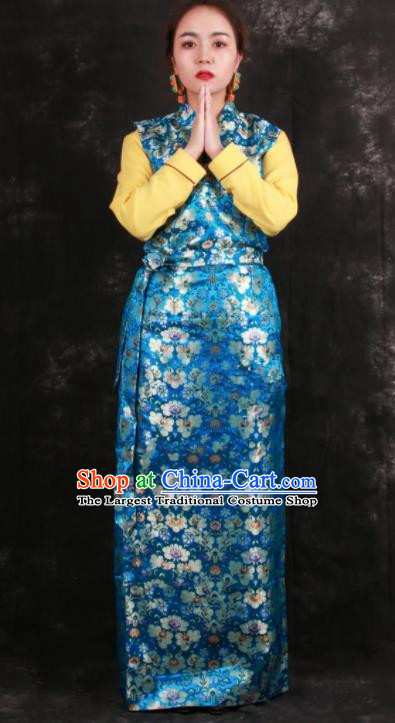 Chinese Traditional Tibetan Ethnic Bride Blue Brocade Dress Zang Nationality Heishui Dance Costume for Women