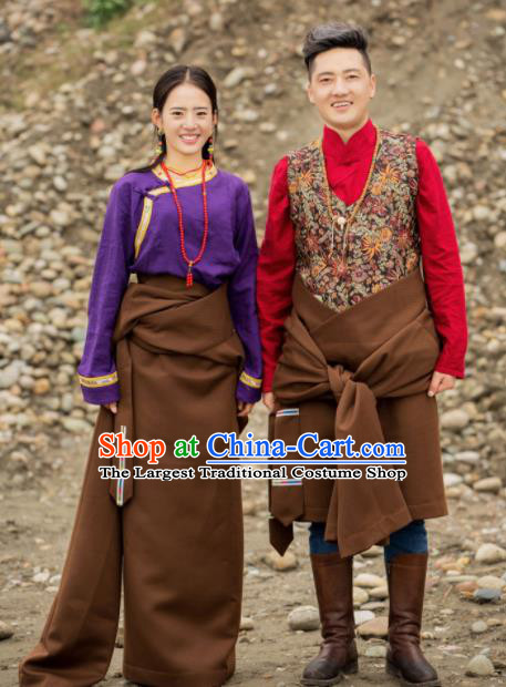 Chinese Traditional Tibetan Couple Brown Robes Zang Nationality Heishui Dance Ethnic Costumes for Women for Men