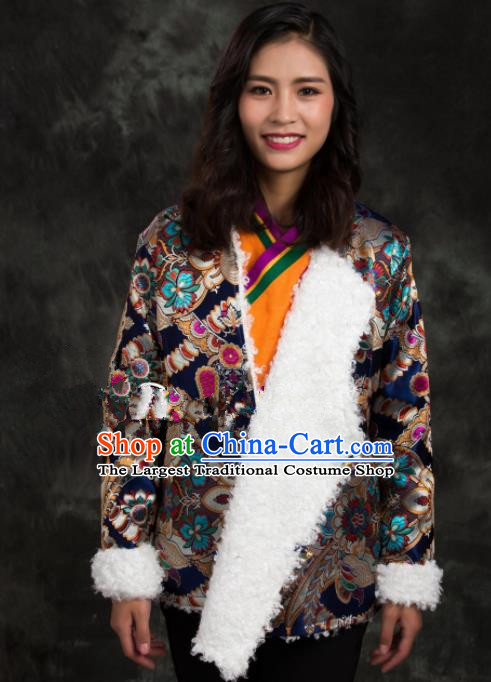 Chinese Traditional Ethnic Female Navy Brocade Tibetan Jacket Zang Nationality Heishui Dance Costume for Women