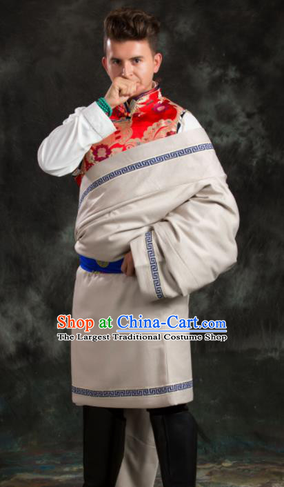 Chinese Traditional Beige Tibetan Robe Zang Nationality Ethnic Folk Dance Costume for Men