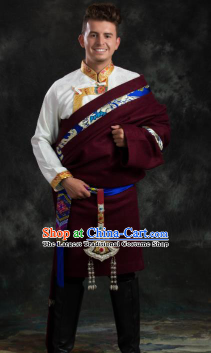 Chinese Traditional Wine Red Tibetan Robe Zang Nationality Ethnic Folk Dance Costume for Men