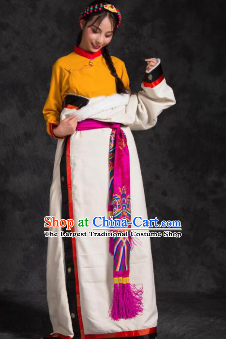 Chinese Traditional Ethnic Female White Tibetan Robe Zang Nationality Heishui Dance Costume for Women