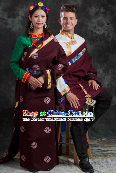 Chinese Traditional Couple Wine Red Tibetan Robe Zang Nationality Ethnic Folk Dance Costume for Women for Men