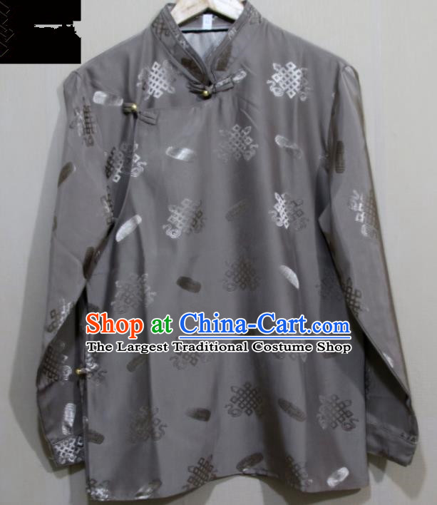 Chinese Traditional Tibetan Grey Shirt Zang Nationality Ethnic Folk Dance Costume for Men