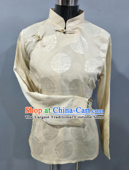 Traditional Chinese National Ethnic Tibetan Beige Blouse Zang Nationality Folk Dance Costume for Women