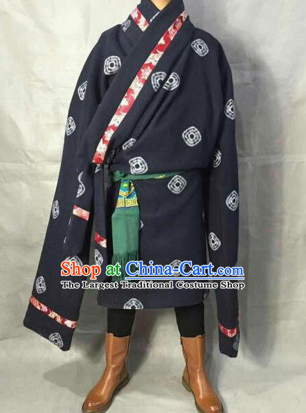 Traditional Chinese National Ethnic Navy Tibetan Robe Zang Nationality Folk Dance Costumes for Men