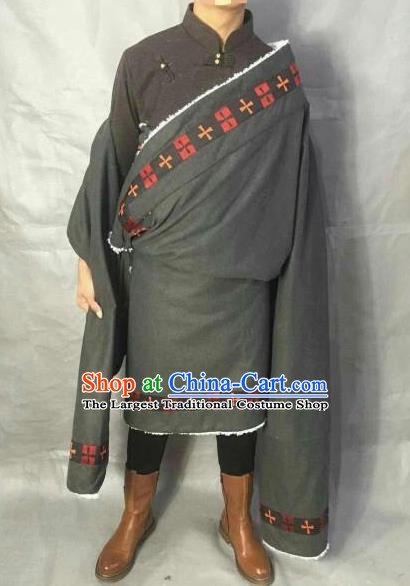 Traditional Chinese National Ethnic Deep Grey Tibetan Robe Zang Nationality Folk Dance Costumes for Men