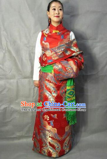 Traditional Chinese National Ethnic Bride Red Brocade Tibetan Robe Zang Nationality Folk Dance Costume for Women