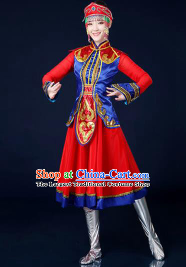 Traditional Chinese Ethnic Dance Red Dress Mongolian Nationality Stage Performance Costume for Women