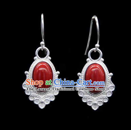 Chinese Traditional Tibetan Ethnic Ear Accessories Zang Nationality Handmade Red Stone Earrings for Women