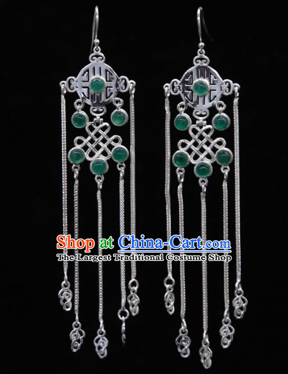 Chinese Traditional Mongolion Ethnic Green Agate Tassel Ear Accessories Mongol Nationality Handmade Earrings for Women