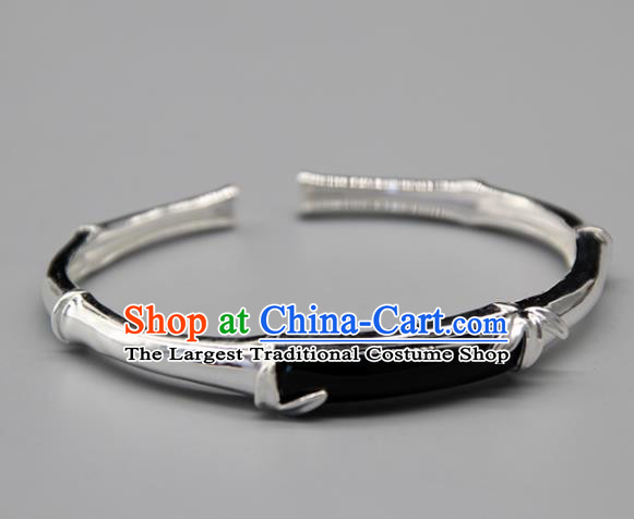 Chinese Traditional Tibetan Ethnic Black Stone Bracelet Accessories Handmade Zang Nationality Sliver Bangle for Women