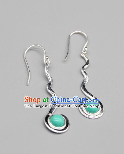 Chinese Traditional Mongolion Ethnic Blue Stone Sliver Ear Accessories Mongol Nationality Handmade Earrings for Women