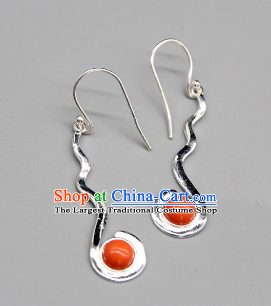 Chinese Traditional Mongolion Ethnic Coral Stone Sliver Ear Accessories Mongol Nationality Handmade Earrings for Women