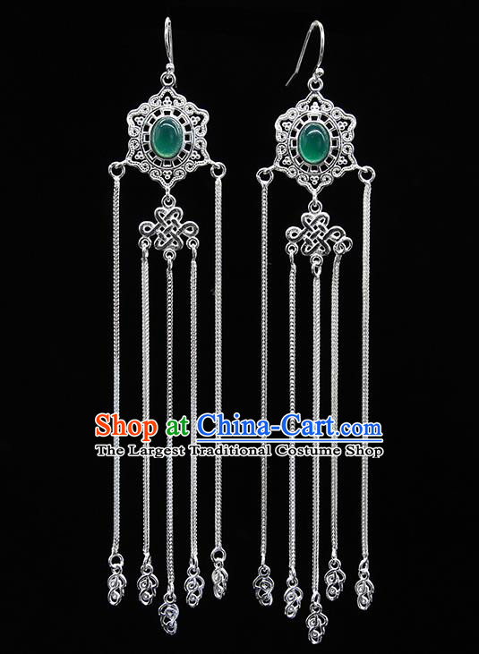 Chinese Traditional Mongolion Ethnic Wedding Sliver Tassel Ear Accessories Mongol Nationality Green Agate Earrings for Women