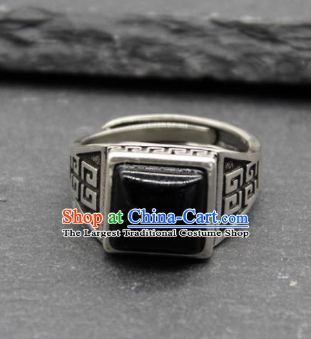 Chinese Traditional Tibetan Ethnic Black Stone Rings Handmade Zang Nationality Sliver Finger Ring for Men