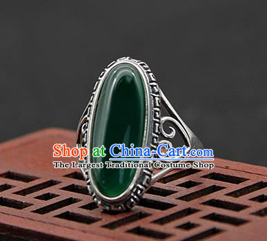 Chinese Traditional Ethnic Green Agate Rings Handmade Tibetan Nationality Sliver Finger Ring for Women