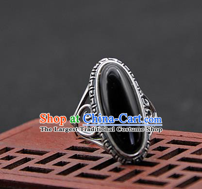 Chinese Traditional Ethnic Black Rings Handmade Tibetan Nationality Sliver Finger Ring for Women