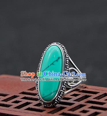 Chinese Traditional Ethnic Green Rings Handmade Tibetan Nationality Sliver Finger Ring for Women