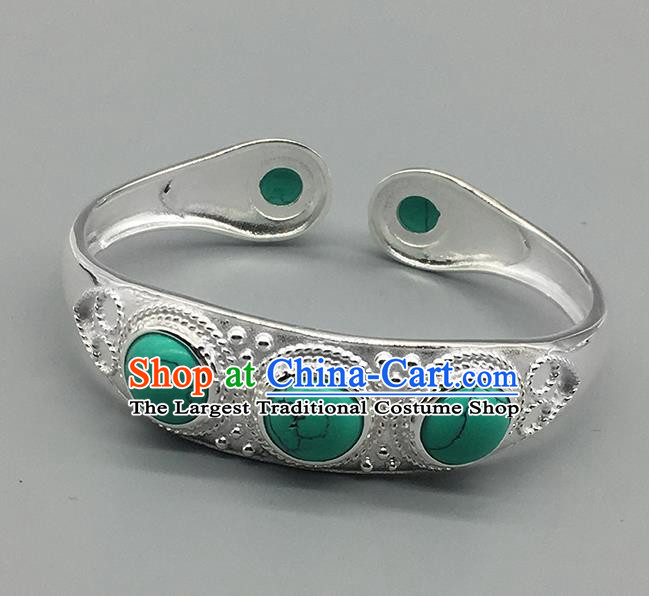 Chinese Traditional Ethnic Green Bracelet Handmade Mongolian Nationality Sliver Bangle for Women