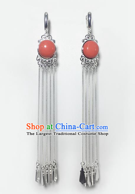 Chinese Traditional Mongolian Ethnic Accessories Mongol Nationality Coral Stone Sliver Tassel Earrings for Women