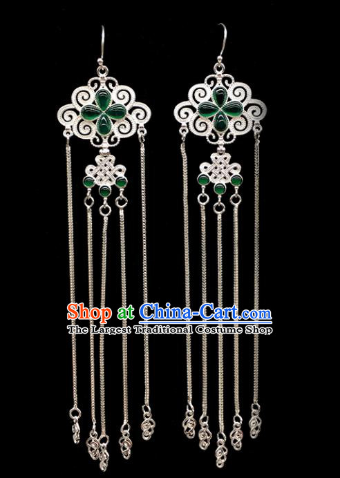 Traditional Chinese Mongolian Ethnic Sliver Tassel Earring Mongol Nationality Green Agate Ear Accessories for Women