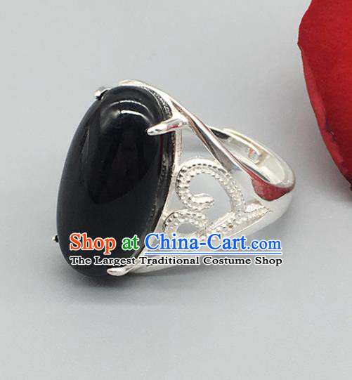 Chinese Traditional Ethnic Black Rings Handmade Zang Nationality Sliver Finger Ring for Women