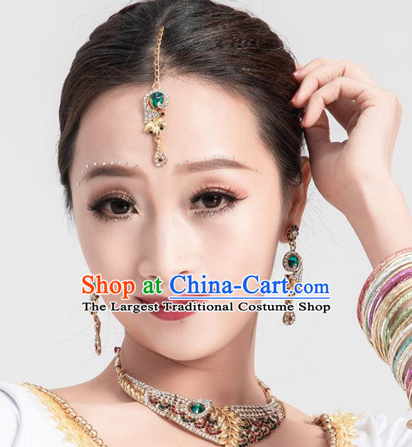 Asian India Traditional Jewelry Accessories Green Crystal Hair Clasp Necklace and Earrings for Women