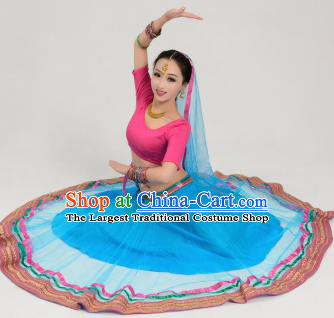 Asian India Traditional Bollywood Belly Dance Costumes South Asia Indian Princess Sari Blue Veil Dress for Women