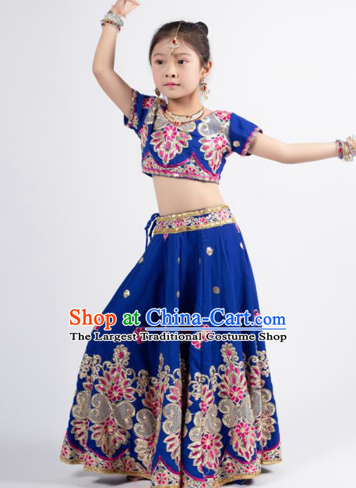 Asian India Princess Traditional Oriental Bollywood Costumes South Asia Indian Belly Dance Royalblue Sari Dress for Kids