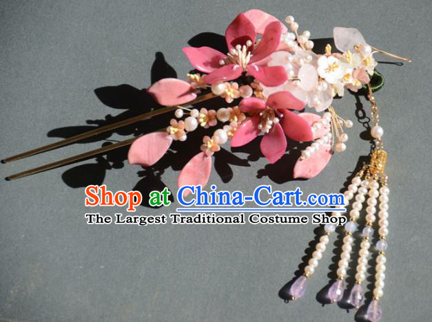 Traditional Chinese Hanfu Pink Peach Blossom Tassel Hair Clip Hair Accessories Ancient Princess Hairpins for Women