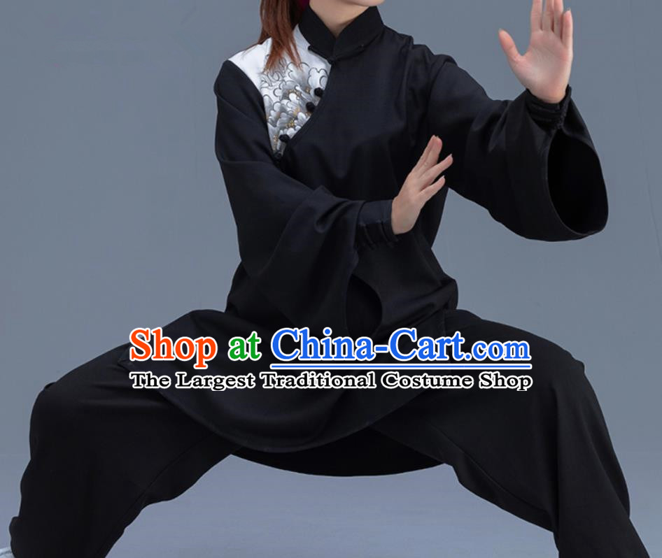 Asian Chinese Traditional Martial Arts Printing Peony Black Costume Tai Ji Kung Fu Training Uniform for Women