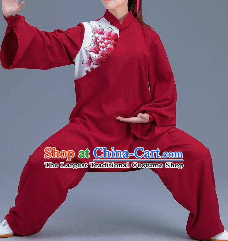 Asian Chinese Traditional Martial Arts Printing Peony Red Costume Tai Ji Kung Fu Training Uniform for Women